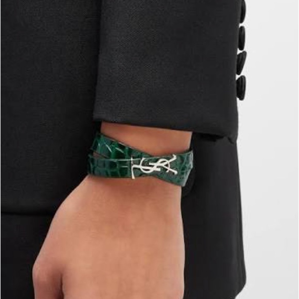 YSL Saint Laurent leather double crocodile wrap bracelet